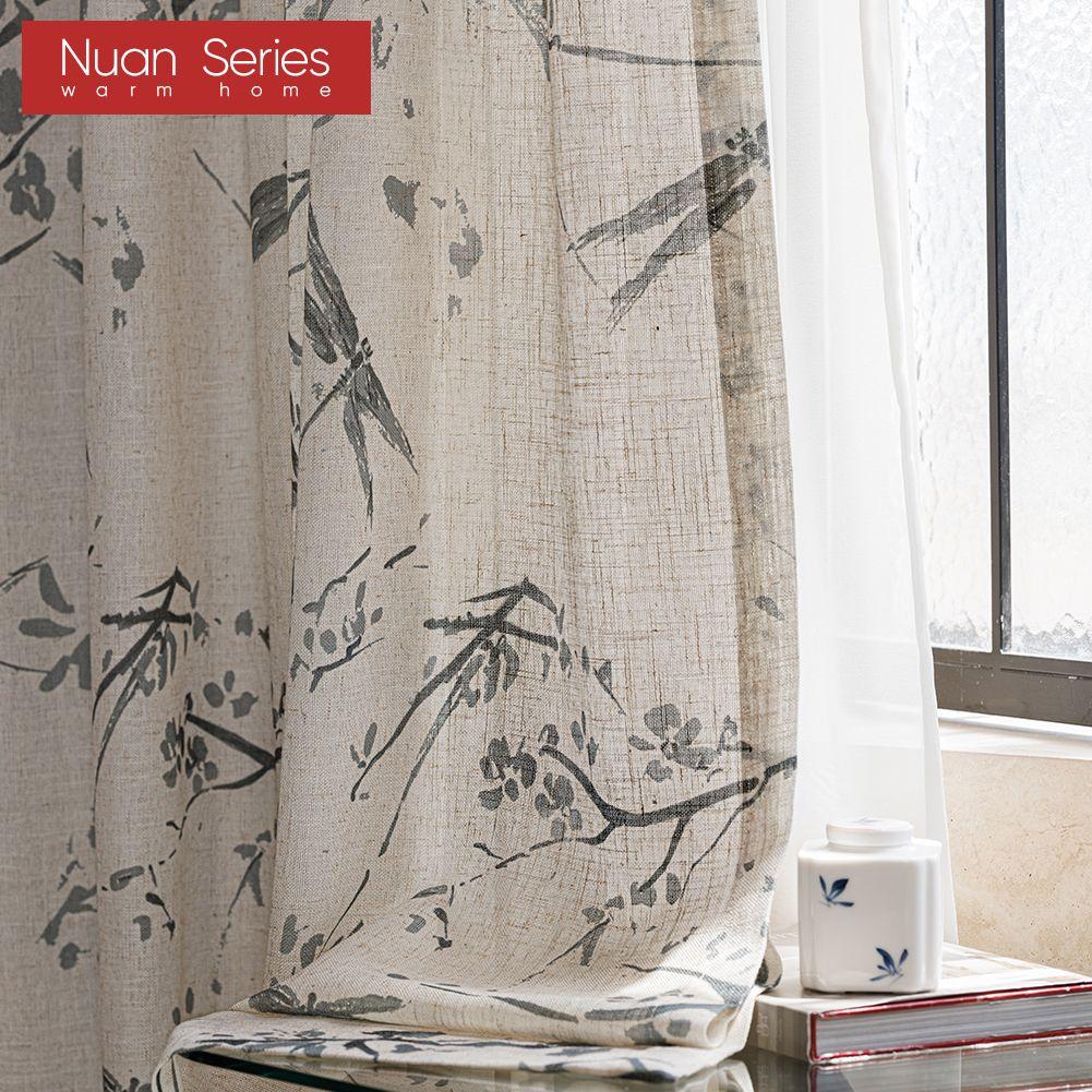1PC Nuan Series Linen Texture Printed Sheer Curtain New Chinese Ink Bamboo Pattern Tulle for Living Room Bedroom Balcony Window Home Decor