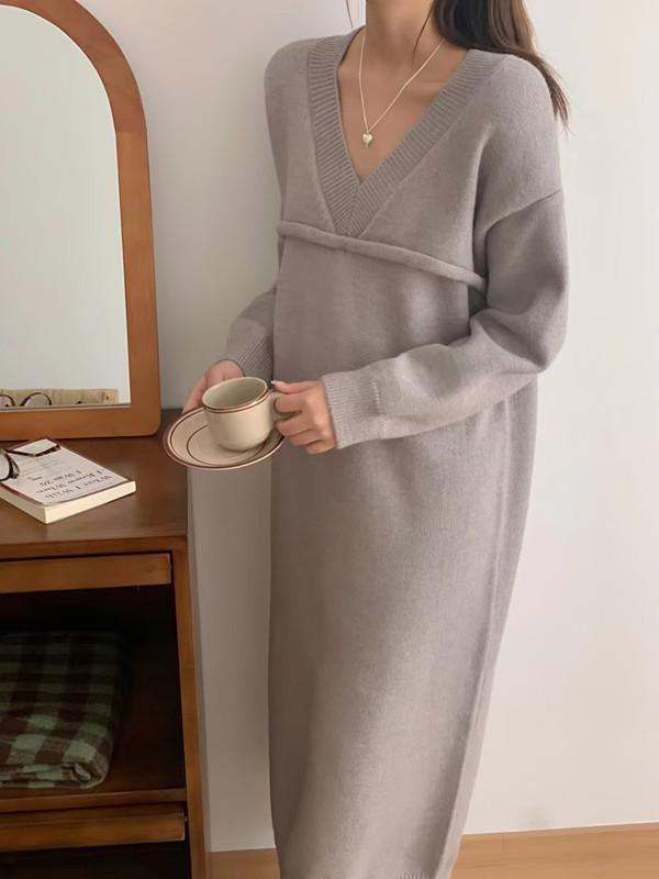 V-neck Long Knitted Dress for Women's Autumn and Winter New Lazy Style Loose Large Size with Coat Backing Sweater Skirt Tide