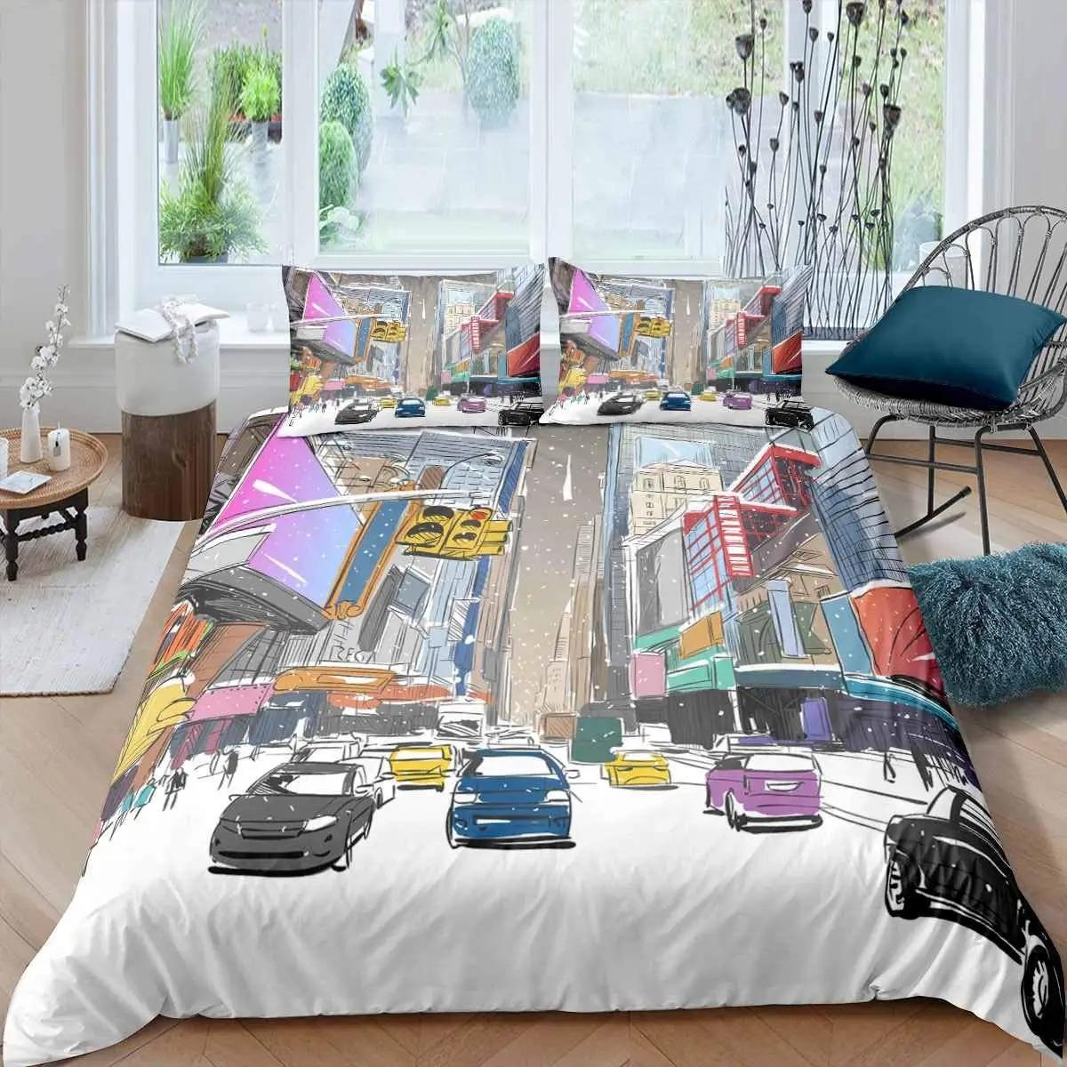 

New York Duvet Cover Set, Skyline Print Decorative 2/3 Piece Bedding Set With Pillow Shams, Twin Full Queen King Size Room Decor EU single(135x200cm)