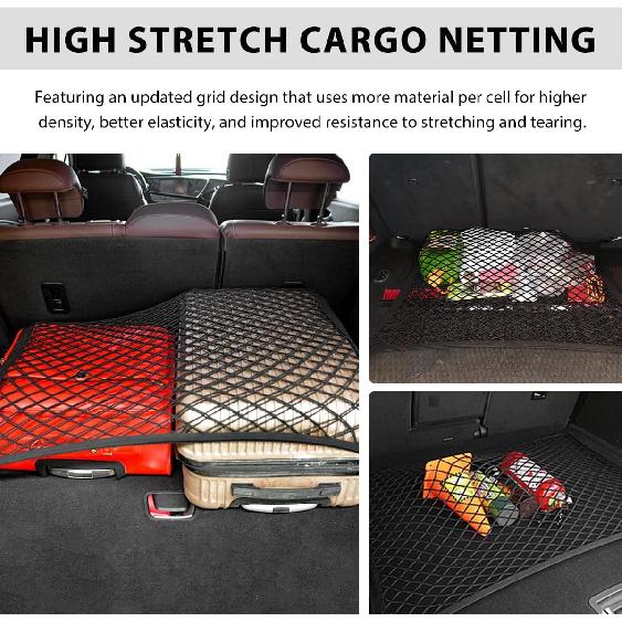 Elastic Cargo Net for SUV, 27.6 × 19.7 Inch Stretchable Mesh Trunk Bed Net with ABS Hooks, Adjustable Luggage Netting Cover Rear Cargo Organizer for