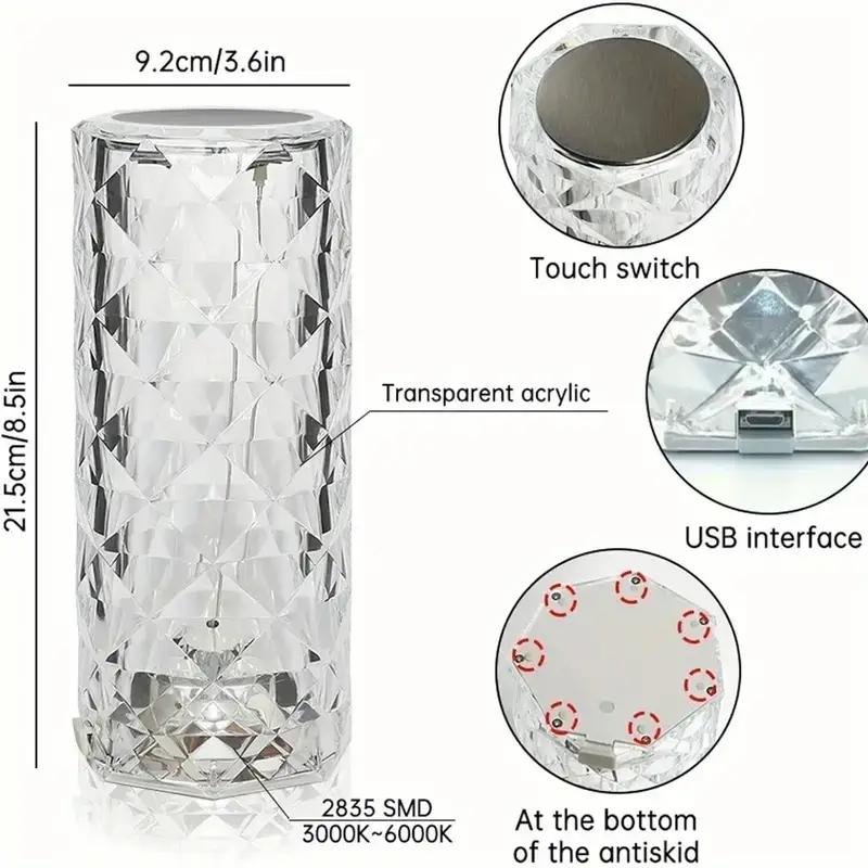 Crystal Rose Table Lamp, Remote Control & Touch Bedside Lamp, LED Night Light, Dimmable Bedside Lamp, USB Rechargeable, for