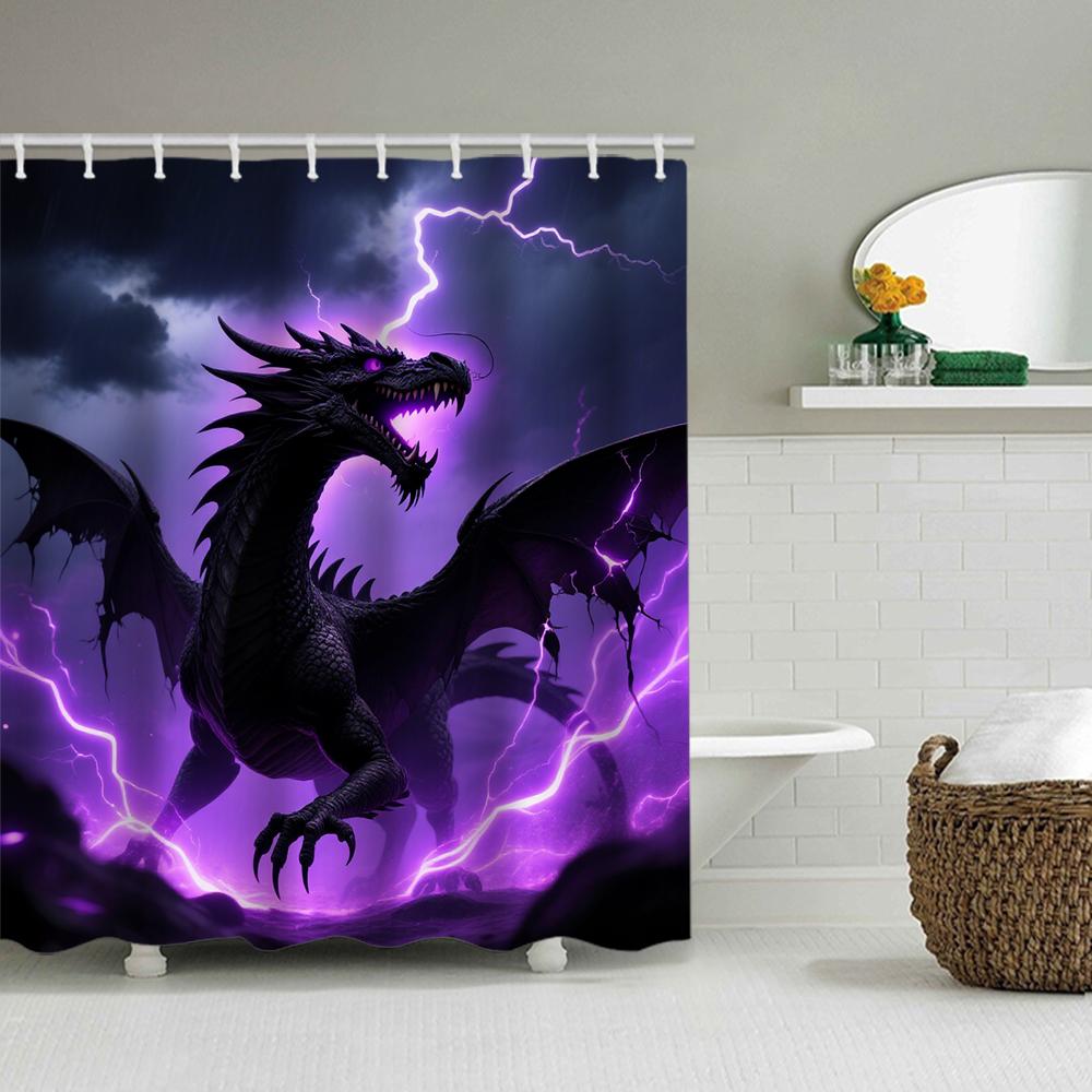 1/4 Duschvorhänge mit doppeltem Drachenkopf-Druck, Toilettensitzdekoration, Duschvorhang mit Teppich und Toilettendeckel, 70,8x70,8 Zoll