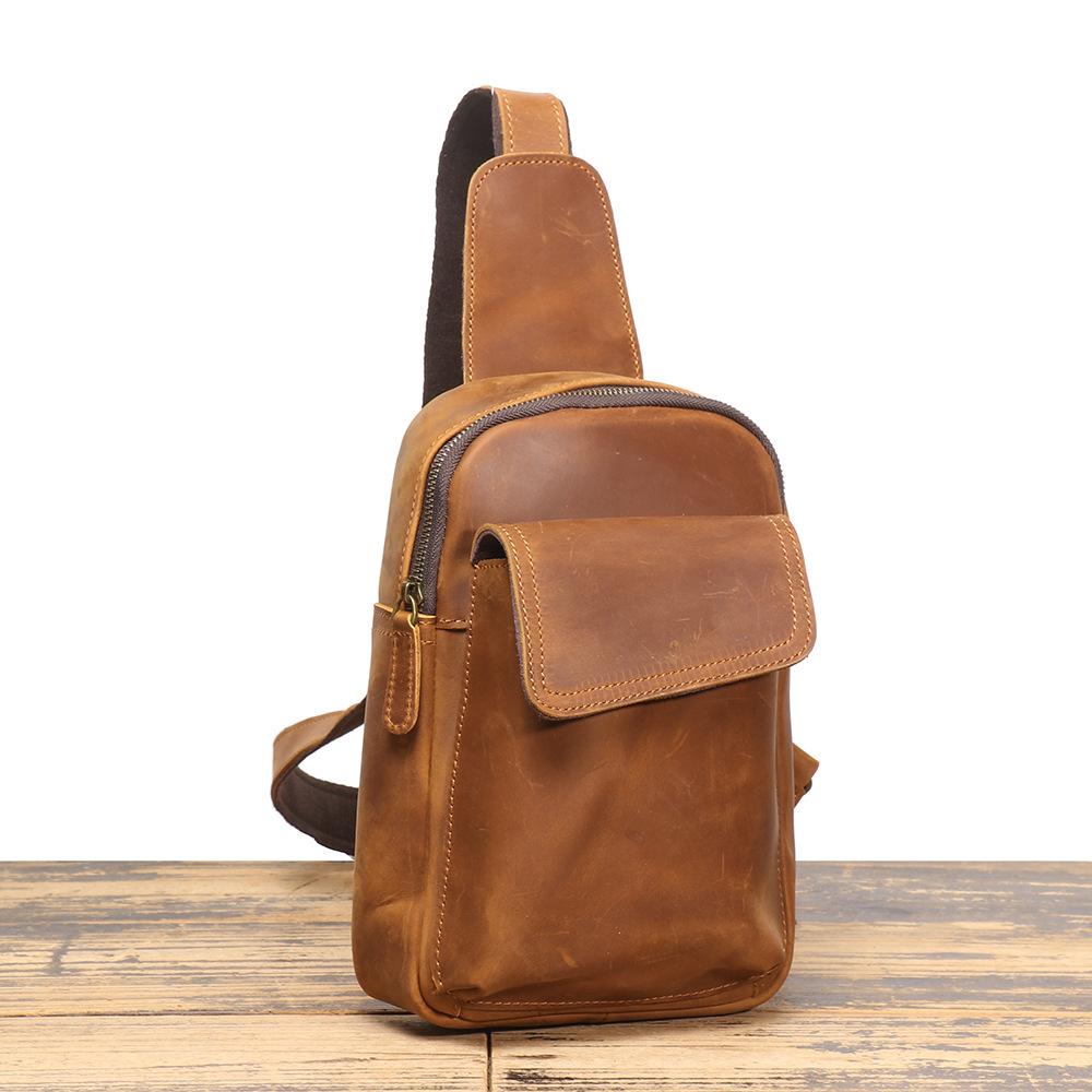Retro Men'S Leather Breast Bag, Crazy Horse Leather Casual Messenger Backpack, Cowhide Large-Capacity Shoulder Mobile Phone Bag.