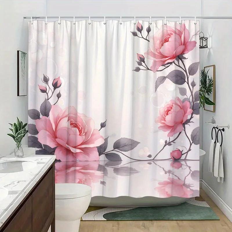 1Pc Rose Shower Curtain Pink Roses Black Vines Reflective Water Design Bathroom Decor With 12 Hooks 70.8X70.8Inch