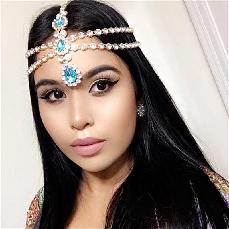 Hot Sale Blue Water Drop Pendant Forehead Lace Lady Temperament Fashion Shining Drill Head Chain Hair Accessories Wholesale