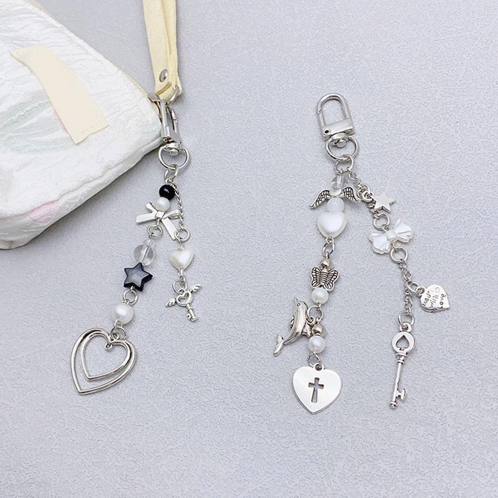 Sweet and Cool Heart Keychain with Guitar Bass and Bowknot Beautiful Keychains Unique Beaded Pendant Key Chain