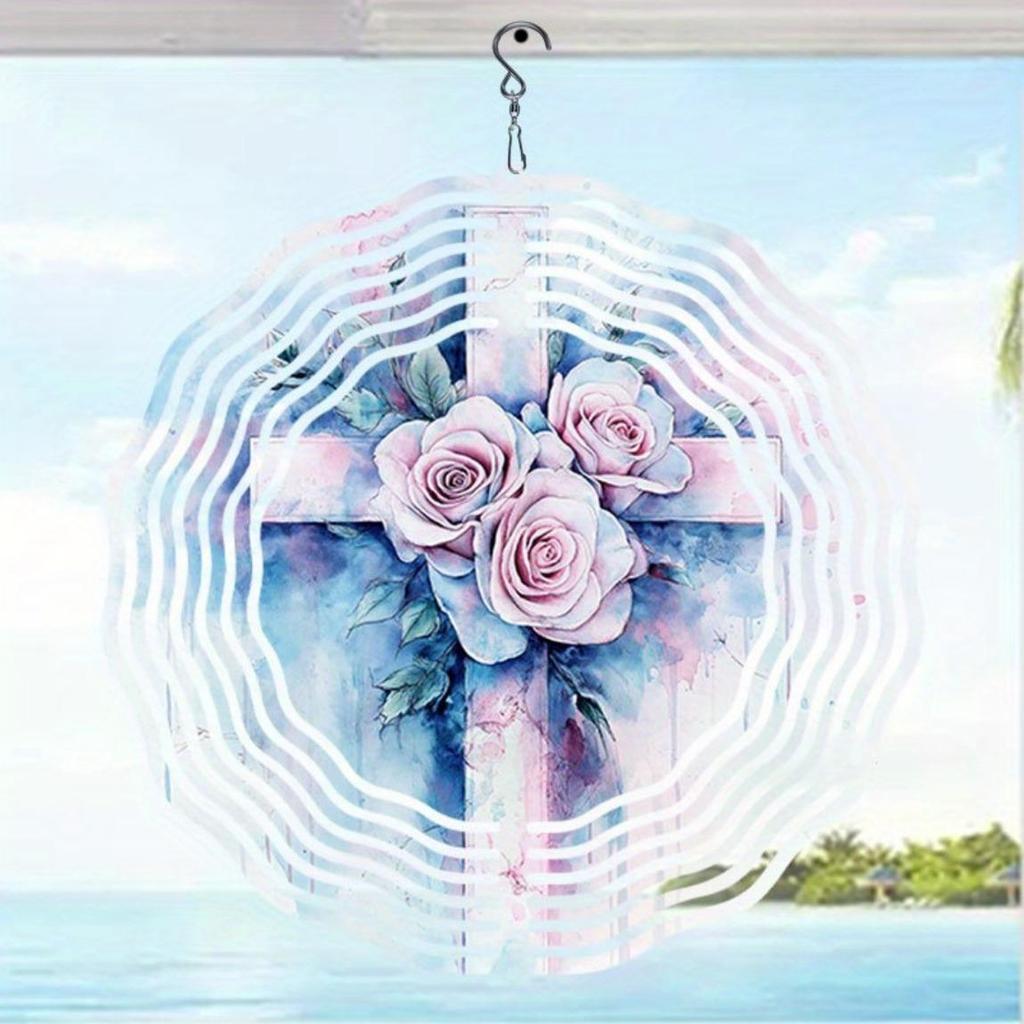 Metal Wind Spinner with 3D Rose Floral Cross Design Rotating Outdoor Garden Decor for Yard Patio Balcony