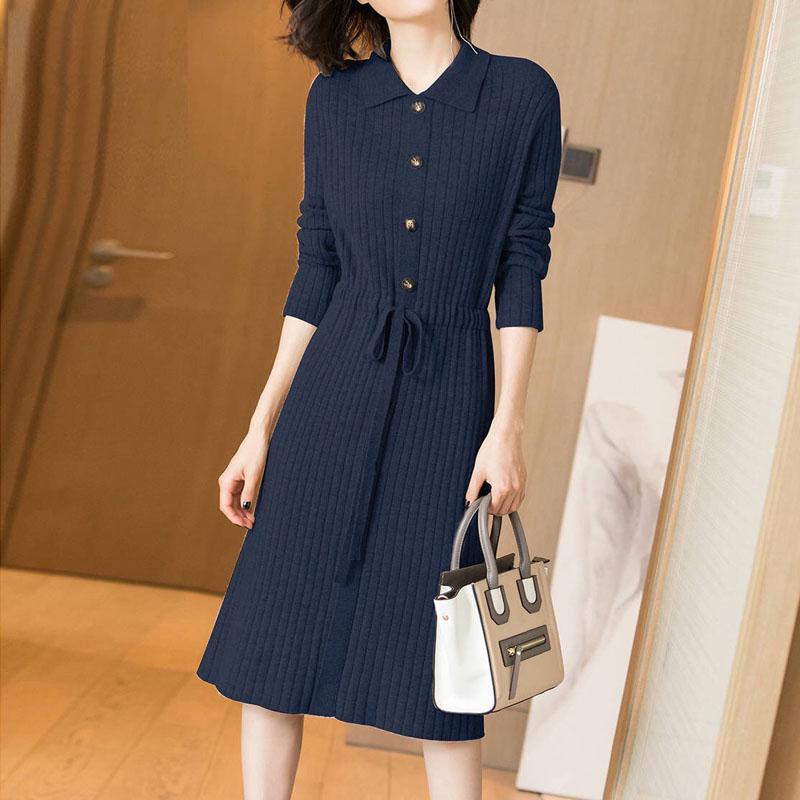 Robe tricotée à manches longues pour femme, nouveau design, automne hiver, col rabattu, boutons, robes Slim