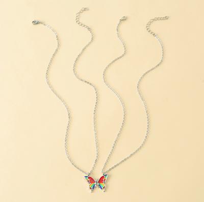 2-piece Women's Colored Silver Butterfly Necklace Set, Unique Alloy Dripping Handmade Clavicle Chain, Friendship Card Pendant Je