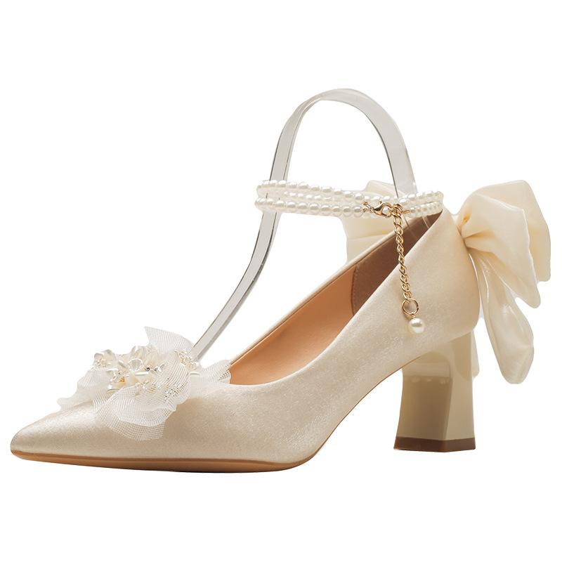 Golden Wedding Shoes Bridal Shoes Main Wedding Dress Princess Engagement Crystal Shoes Bow Heel Shoes Women's Thick Heel