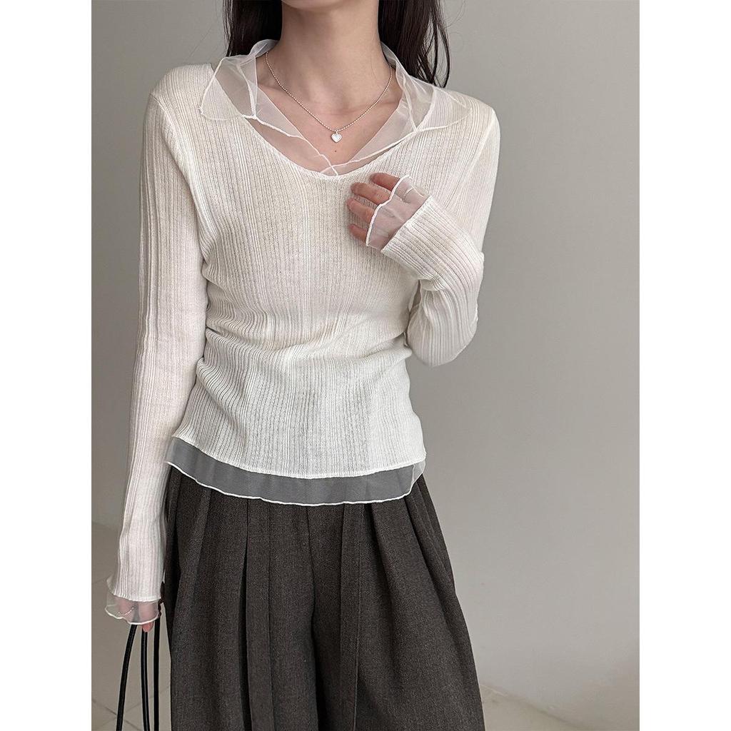 Lu Xi Women's V-neck Korean Style Mesh Patchwork Knit Top, Early Spring 2026 Collection