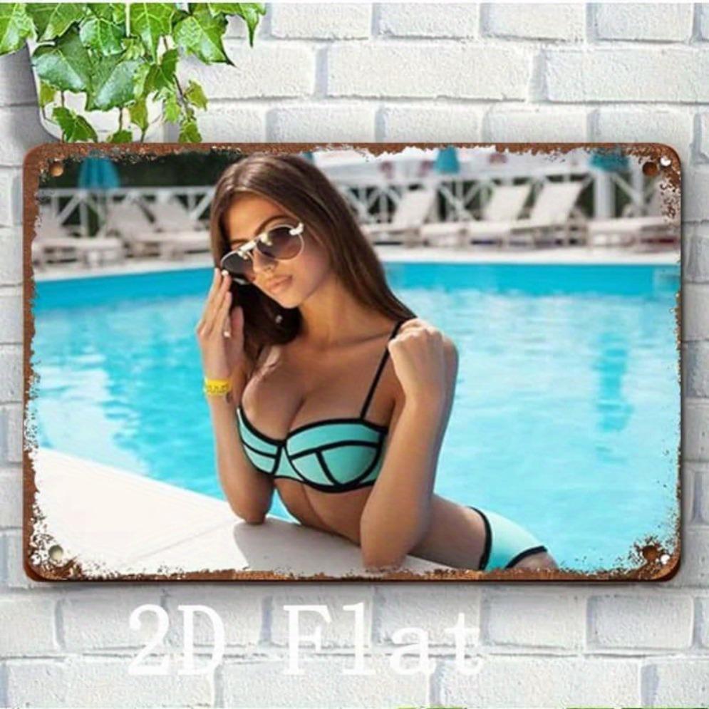 Vintage Metal Wall Art Pinup Girl Wall Decor with Turquoise Bikini 20x30cm