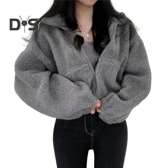 Women Winter Coat Thick Fleece Stand Collar Neck Protection Zip-up Short Type Cardigan Long Sleeves Cold-proof Outerwear School Outdoor Jacket