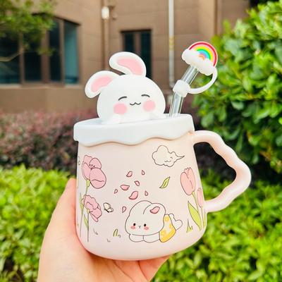 Cute Rabbit Cup Ceramic with Straw Mug Large Capacity Water Cup Birthday Gift for Girls Practical Gift for Girlfriend
