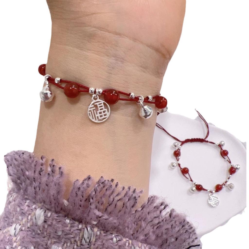Miao Girl~Red Rope Bell Bracelet Handmade Woven Bright Playful Girl Heart Hand Accessory Exquisite Bowknot