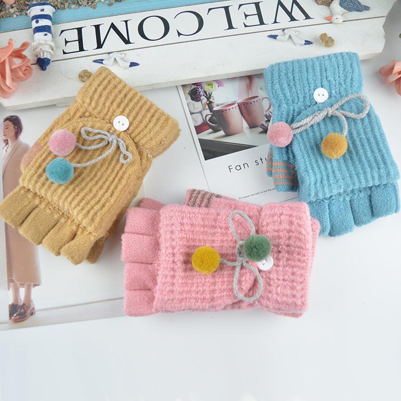 

Зимние новые перчатки-митенки с откидным верхом, женские теплые для катания на открытом воздухе, студенческие для письма, перчатки-митенки с помпоном average size