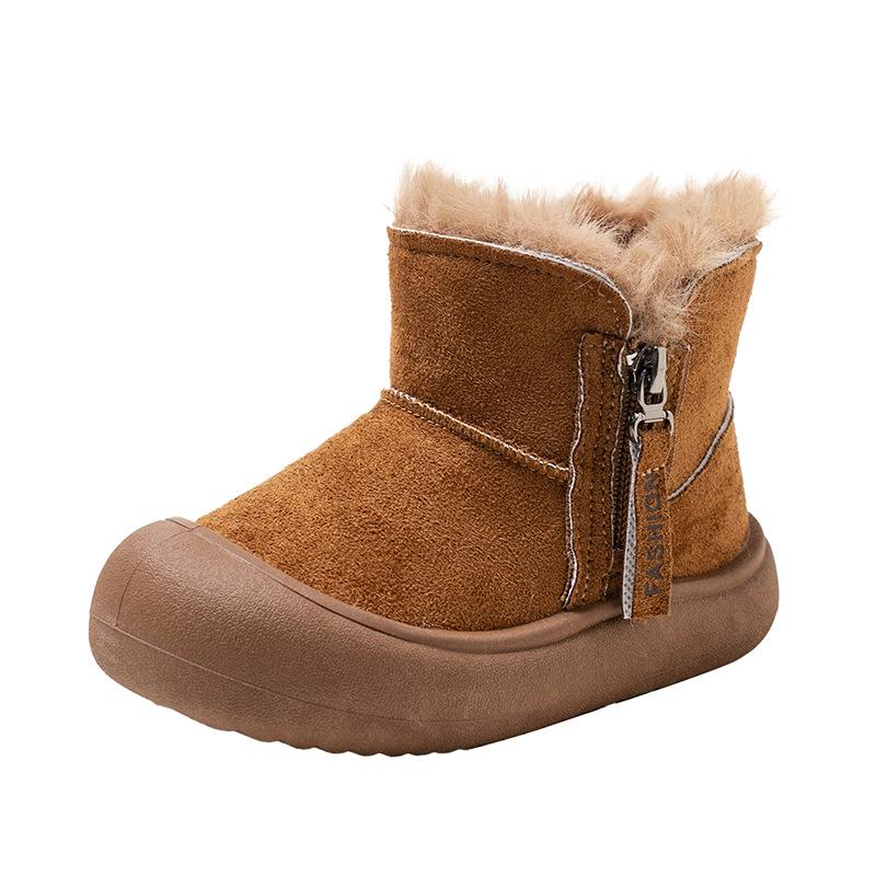 

2025 Winter Children’s Soft Leather Anti-Kick Snow Boots with Velvet Warm Lining, Side Zipper, Boys & Girls Korean Style Short Boots. Size 28 (Inner Length 17.5cm) верблюд