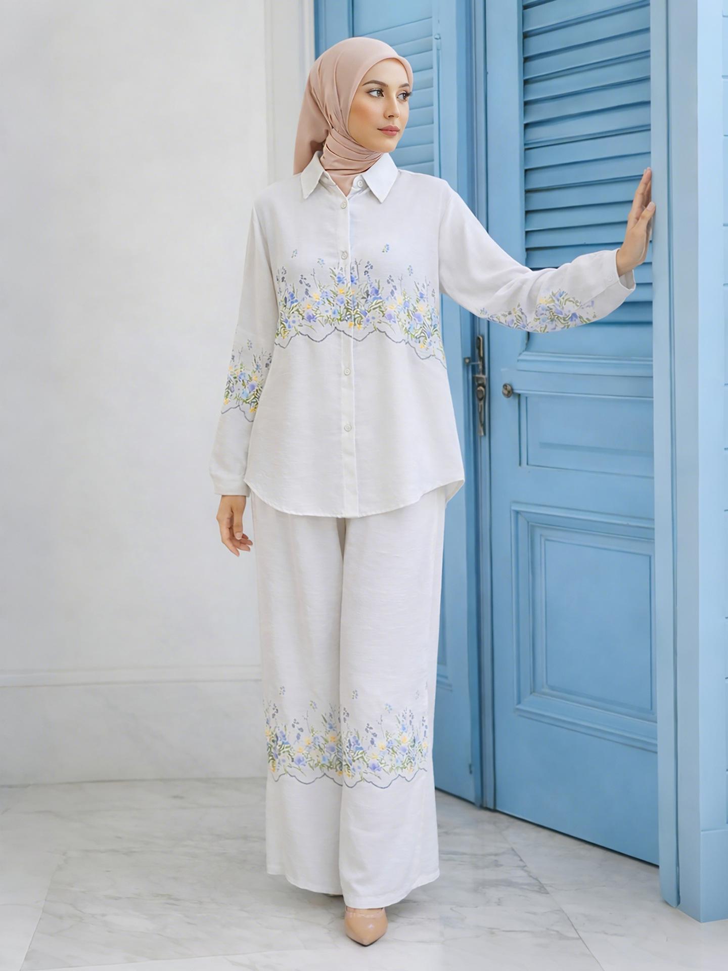 

M375# Printed Lapel Long Sleeve Shirt & Pants Set for Middle Eastern Muslim Women, Malaysia M білий