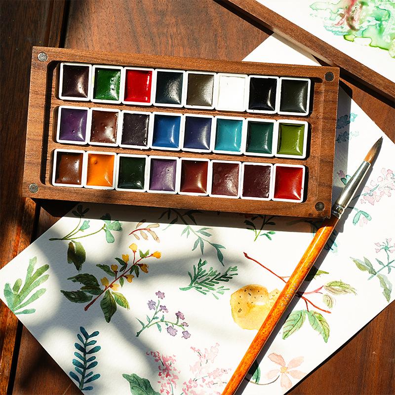 24 color walnut wood portable paint box, Solid wood watercolor paint box, Chocolate watercolor nail art color and box