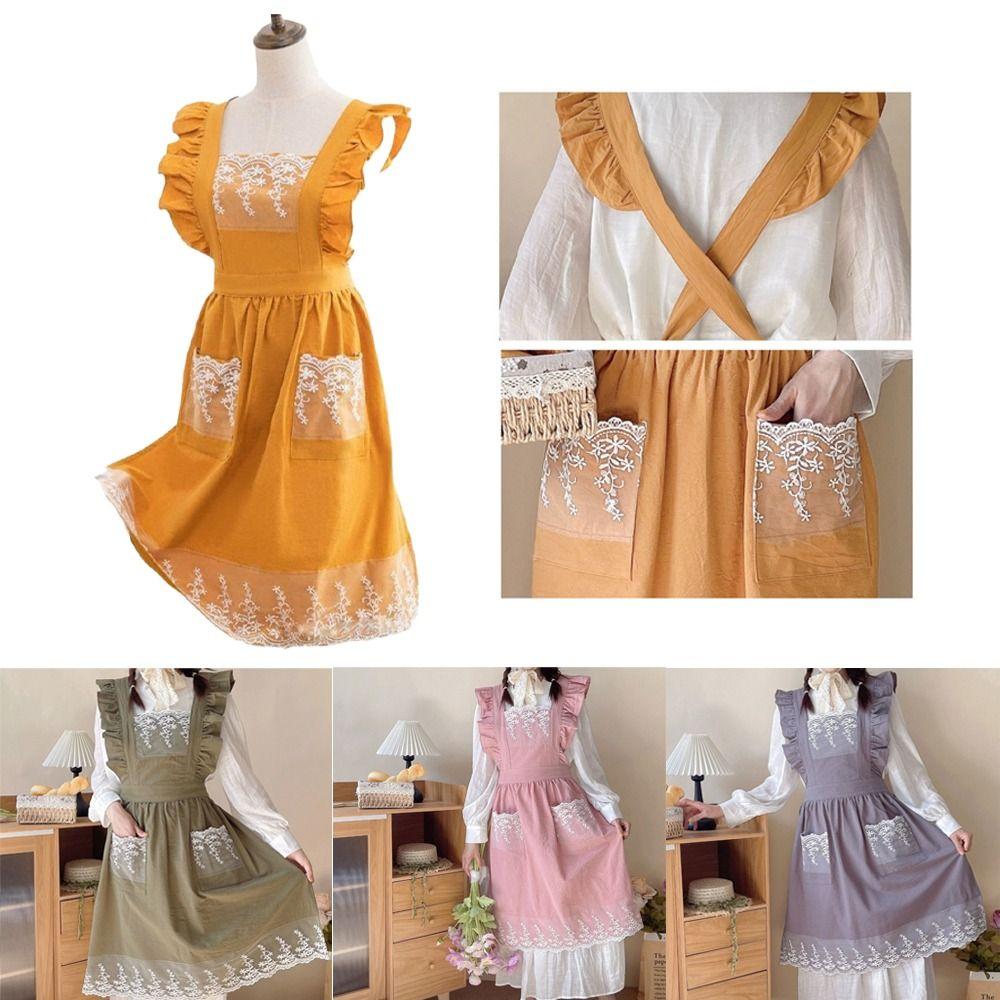 Aventais Femininos com Padrão de Renda Estilo Rústico Roupas de Trabalho Novo Avental de Jardim para Senhoras Meninas