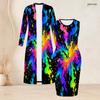 Damen Übergröße Zweiteiliges Outfit Langärmeliger Offener Cardigan Ärmelloses Bodycon Kleid mit Aufdruck