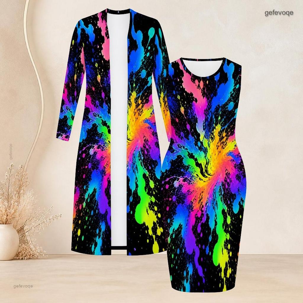 Damen Übergröße Zweiteiliges Outfit Langärmeliger Offener Cardigan Ärmelloses Bodycon Kleid mit Aufdruck