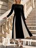 Women's European Color-Block Long-Sleeve Dress with Waist-Cinching and Elegant Long Skirt