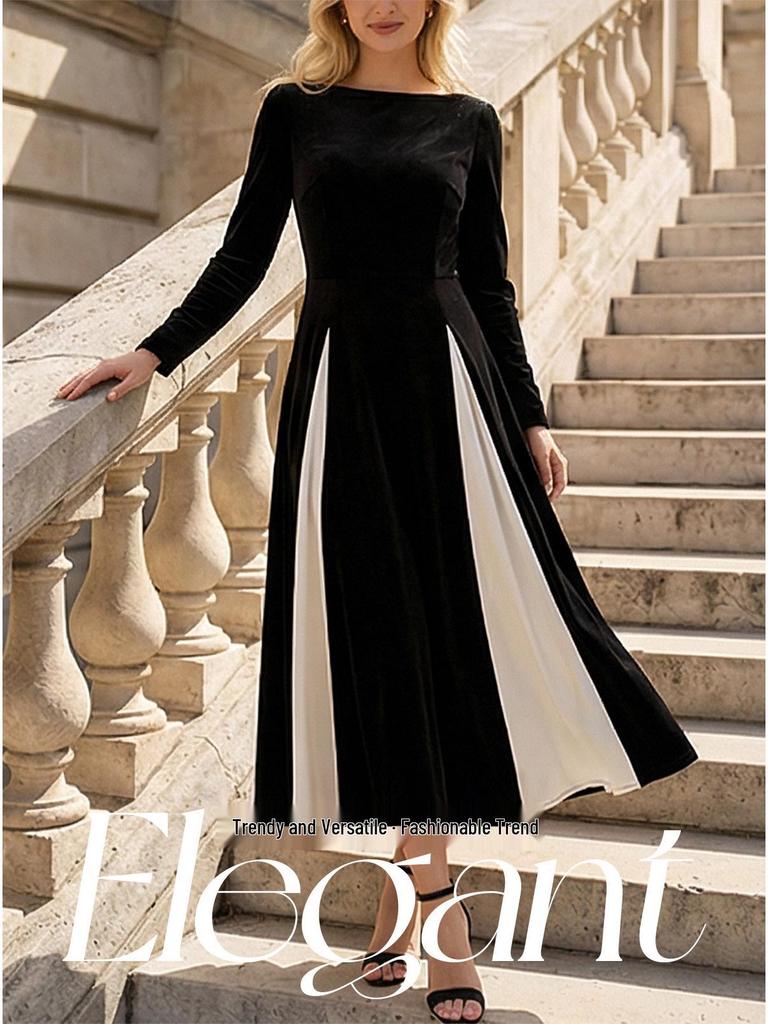 Women's European Color-Block Long-Sleeve Dress with Waist-Cinching and Elegant Long Skirt
