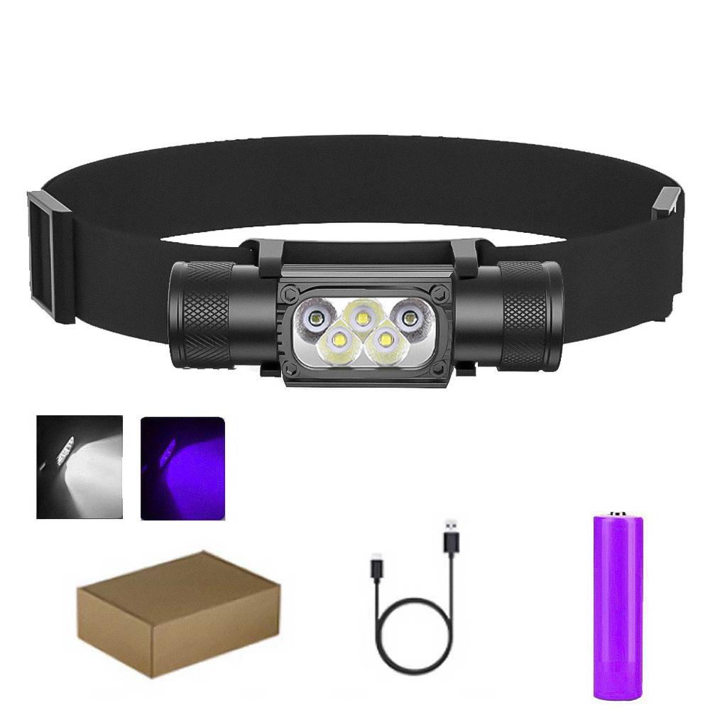 LED Mini Headlamp UV 395nm Power White Purple Headlight 18650 Rechargeable USB Type-C Torch Camping Hunting Flashlight Lamp