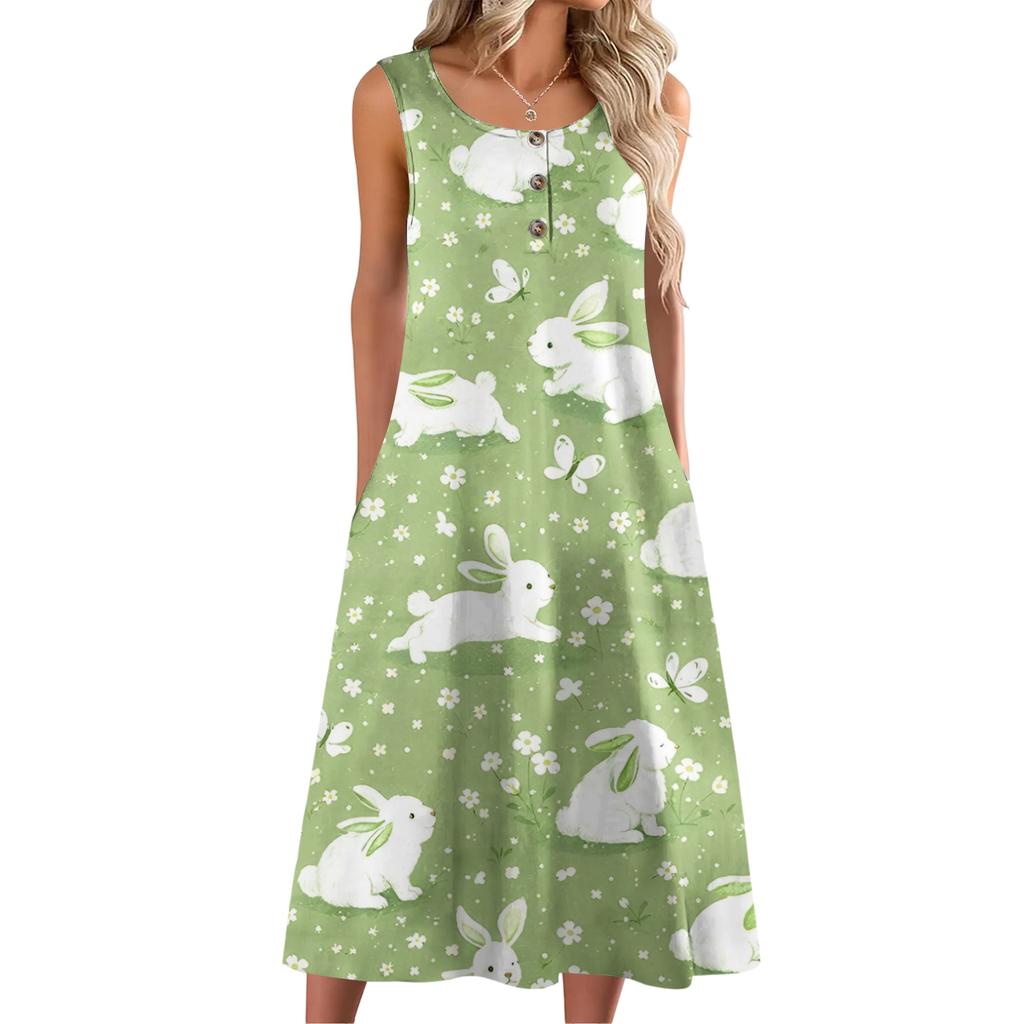 Women Fashion Casual Sleeveless Button Easter Print Dress With Pocket