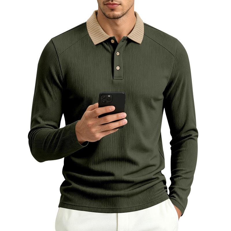 Men S Long Sleeve Polo Shirt Ribbed Collar Solid Color Casual Spring Autumn