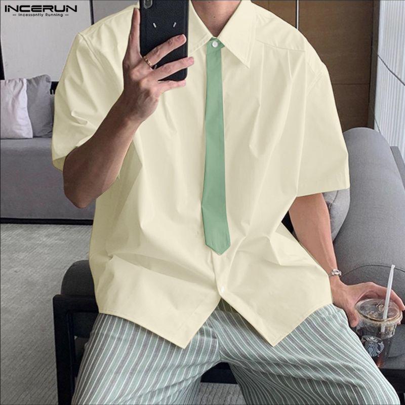 INCERUN Oversized Men Lapel Neck Short Sleeve Stitching Casual Loose Shirts