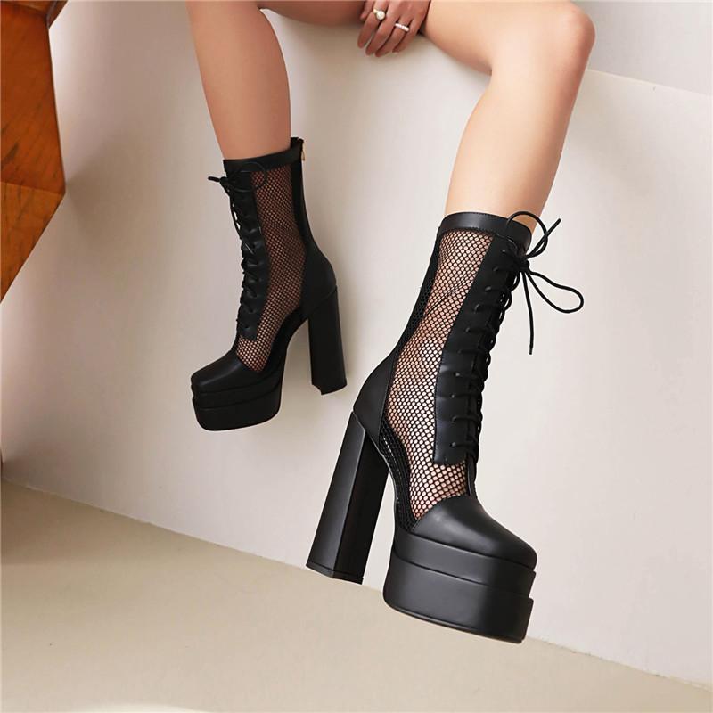 Women's High-heeled Short Boots Sexy European and American Style Waterproof Platform Thick-heeled Large-size Net Boots