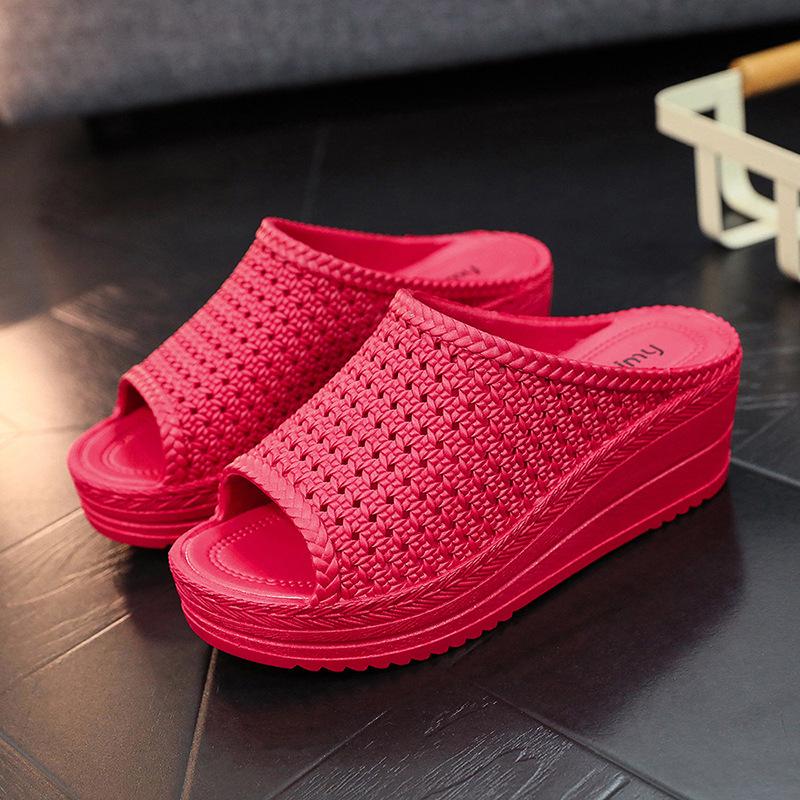 Cool Slippers Women Summer Slope Heel Thick Sole Wear Beach Shoes, Mesh Hollow Slippers Foreign Trade Wholesale
