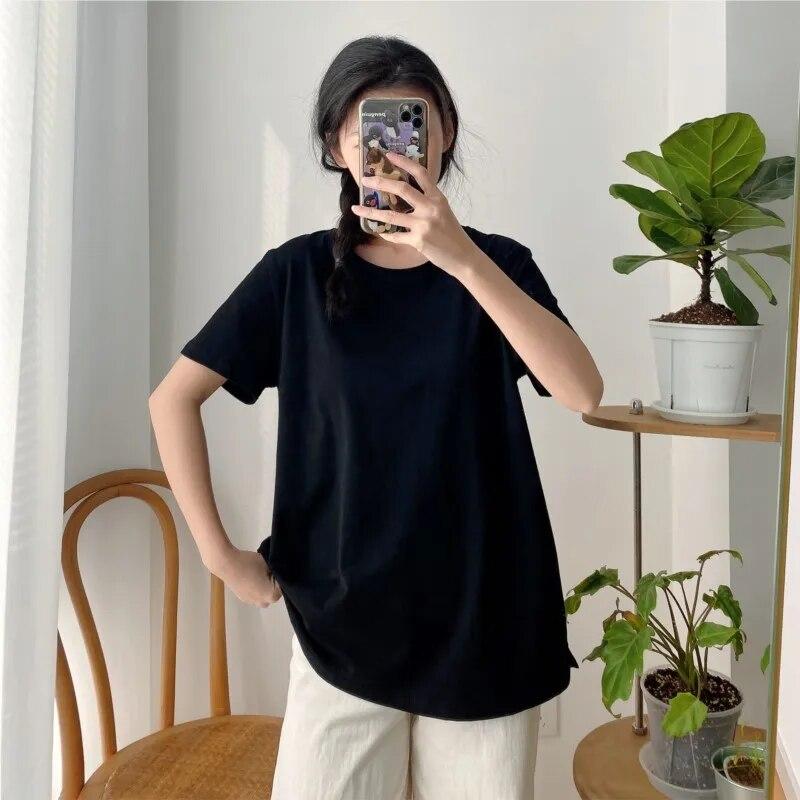Johnature Solid Color Casual Women T-Shirts Summer Simple O-neck Pullover All Match Loose 3 Colors Female Tops