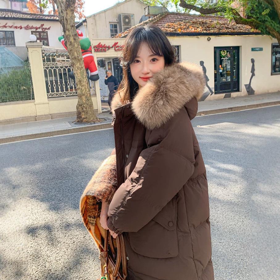 Women's extended down jacket women's new winter thickened fox hair white duck down loose coat