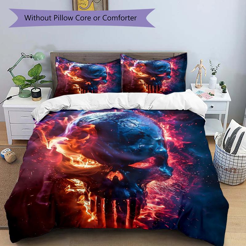 

3pcs Flaming Skull Bedding Set, Including, Without Filling, Soft and Comfortable Home Bedroom.J050 135x200cm
