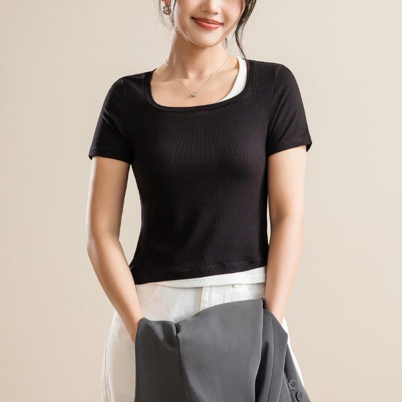 Trendy Womens Basic T-Shirts Round Necked Short Sleeve Summer Tops Slim Fit Tees Y2k Clothing Patchwork Classic-Fit Ribbed Knit Going Out Crop Tops