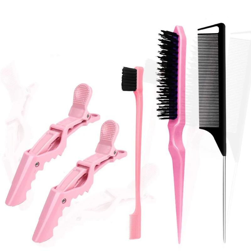 5pcs/set Beauty-health Set Nylon Teasing Brush Rat Tail Comb Double Side Edge Brush Alligator Hair Clips Salon Styling Tools