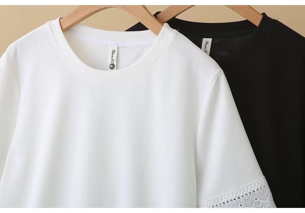 2026 Korean Style Plus Size Casual Lace Patchwork Round Neck Short Sleeve Top for Chubby Girls
