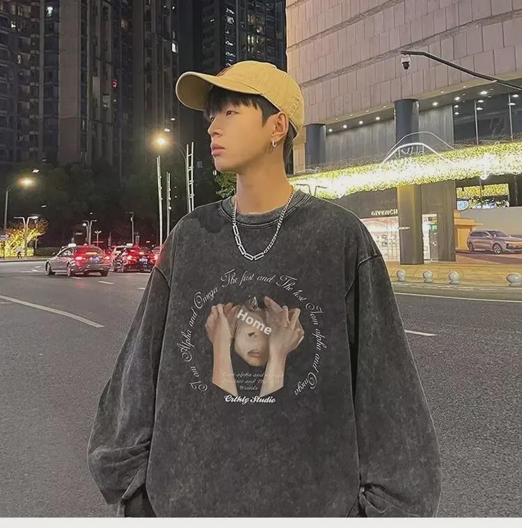 Men's Vintage Heavyweight Washed Long-Sleeve T-Shirt, Loose Fit, Perfect for Spring and Autumn