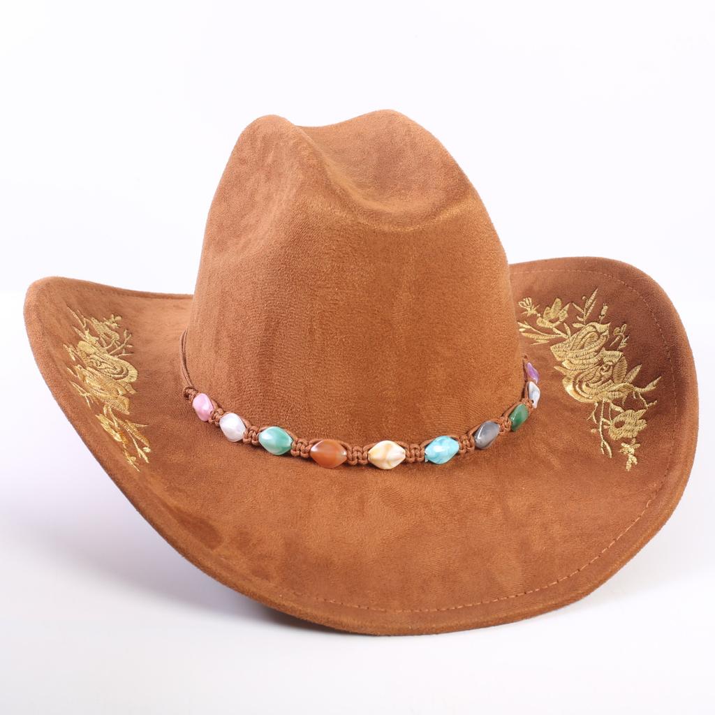 Beliebter europäischer und amerikanischer klassischer Wildleder Western Cowboyhut für Herren und Damen, großer Schirm, bestickt, Outdoor-Sonnenhut