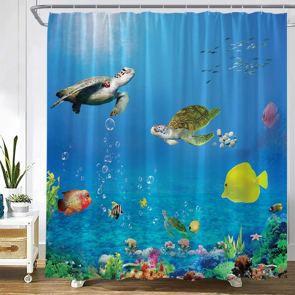 Octopus Sea Turtle Shower Curtain Watercolor Animal Dolphin Tropical Fish Coral Underwater Landscape Curtains Bathroom Decor Set