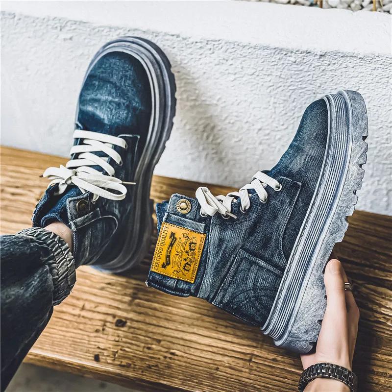 Vintage Blaue Cowboy-Stiefel Für Herren Trendige Street Herren Plateau-Stiefel Winter Bequeme Tooling Stiefeletten Mann Botas Masculino