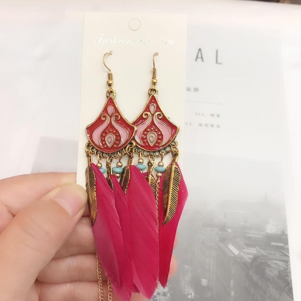 Vintage Bohemian Feather Tassel Earrings Exaggerated Ethnic Vacation Dangle Ear Jewelry Fashion Accessories For Women
