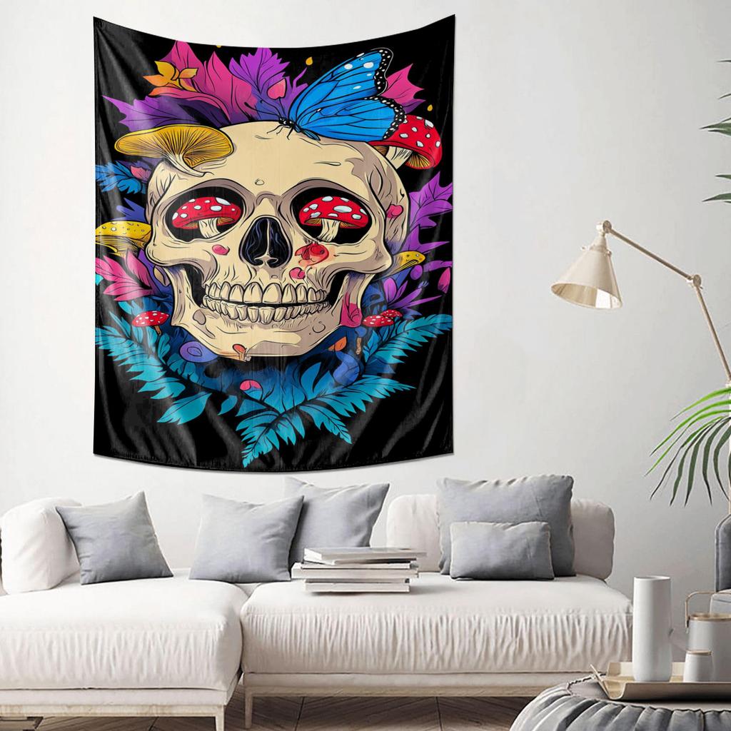 Mysterious Skull and Butterfly Tapestry  Colorful Mushroom and Feather Decor Home Wall Art Decoration