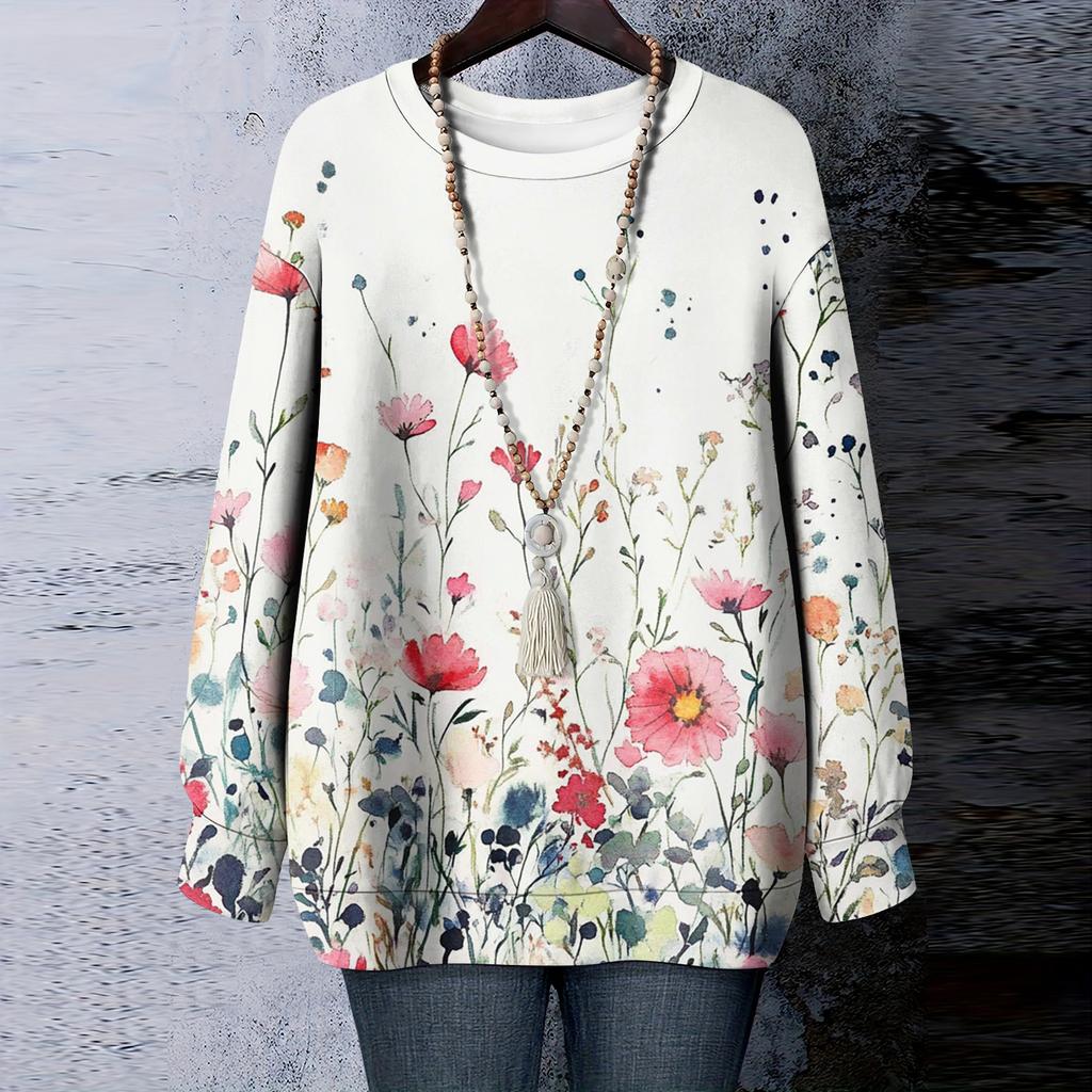 Women's Floral Print Round Neck Long Sleeved T-shirt Sweatshirt Top