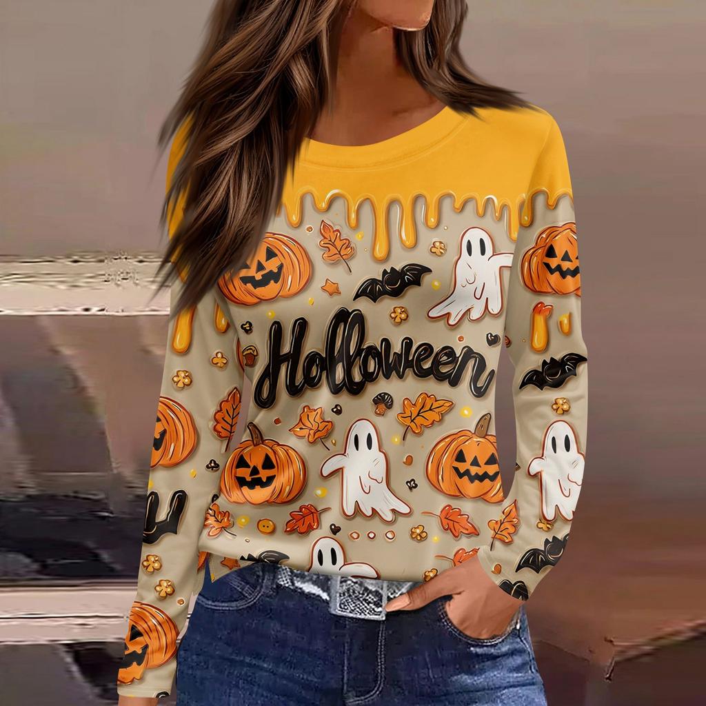 Women's Fashion Casual Slit Hem Round Neck Long Sleeve Loose Halloween Printed T-Shirt Ladies Top
