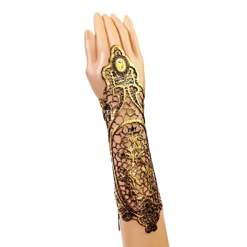 Retro-Inspired Gold Lace Gloves with Fingerless Form, Round Hand Accent, and Extended Cuffs for Evening Event