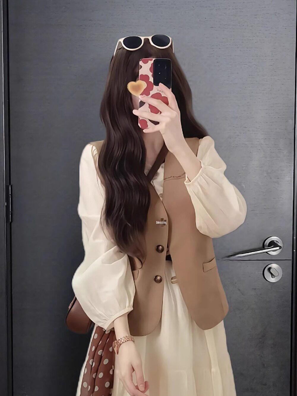 

Plus Size Retro Korean Layered Vest & Dress Set for Women XL (Recommended 120-140 jin)